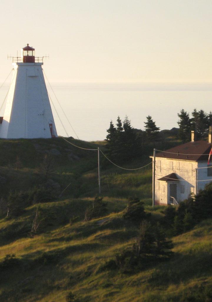Newfoundland coastal lighthouse at sunset with surrounding greenery